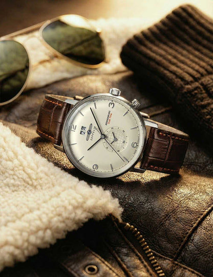 Herrenarmbanduhr auf Lederjacke: beiges Zifferblatt, braunes Lederband, silbernes Gehäuse