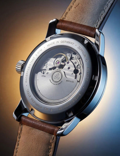 Uhrgehäuse-Ansicht von hinten mit Sichtboden und braunem Lederarmband