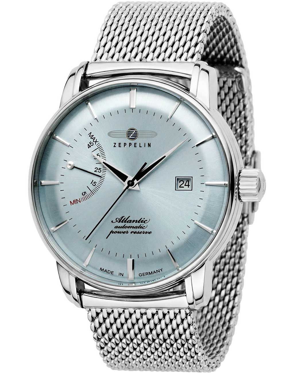 Zeppelin Atlantic Herrenuhr mit silbernem Metallarmband, blauem Zifferblatt und Datumsanzeige