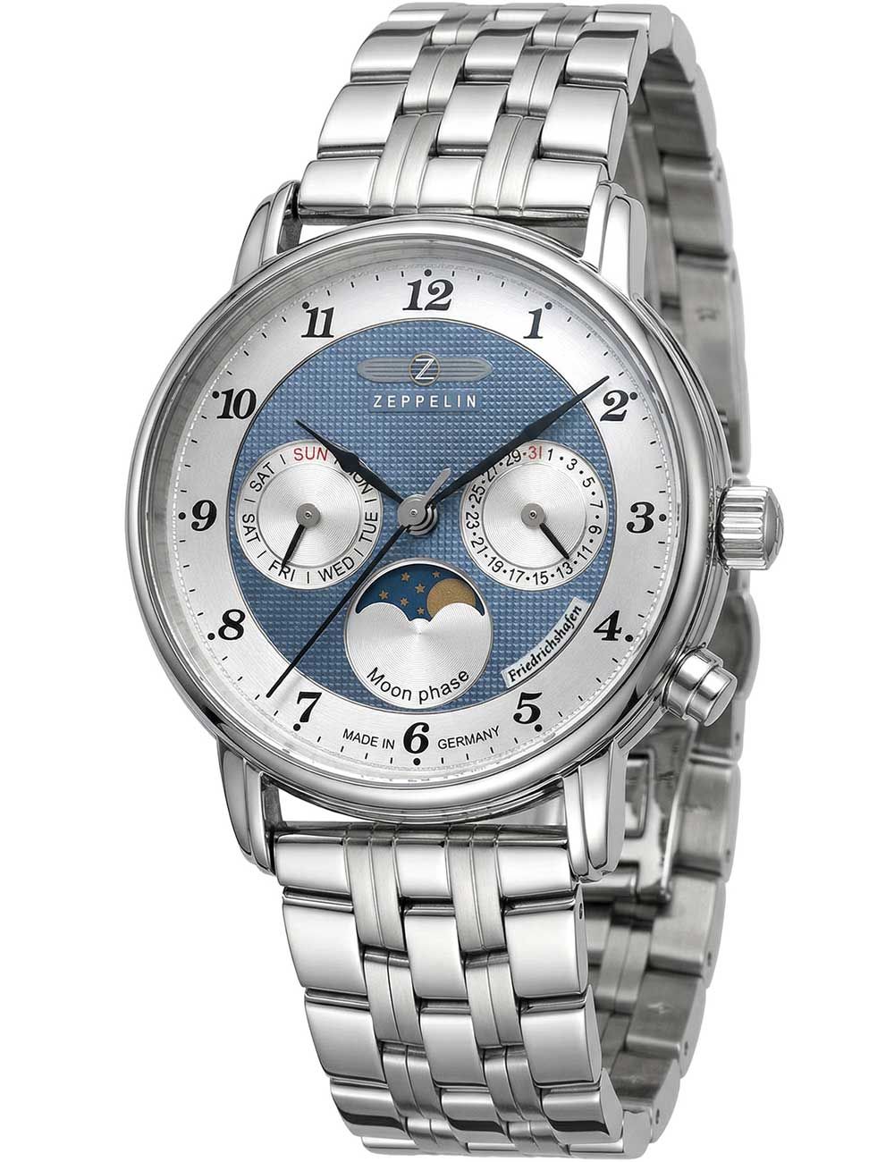 Damenuhr mit silbernem Metallarmband und blauem Zifferblatt mit Mondphasen-Anzeige