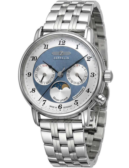Damenuhr mit silbernem Metallarmband und blauem Zifferblatt mit Mondphasen-Anzeige