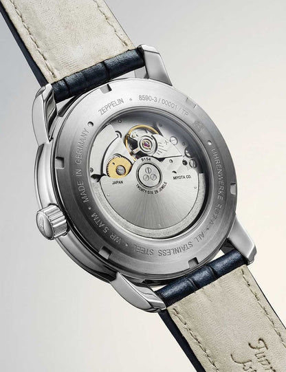 Uhrgehäuse-Rückseite mit Aufdruck und blauem Lederarmband