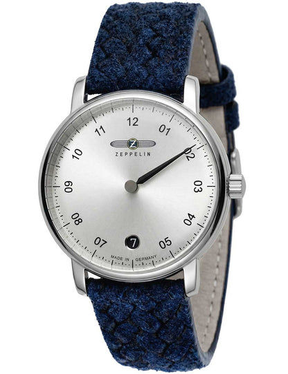 Damenuhr mit blauem Textilarmband, silbernem Gehäuse und weißem Zifferblatt