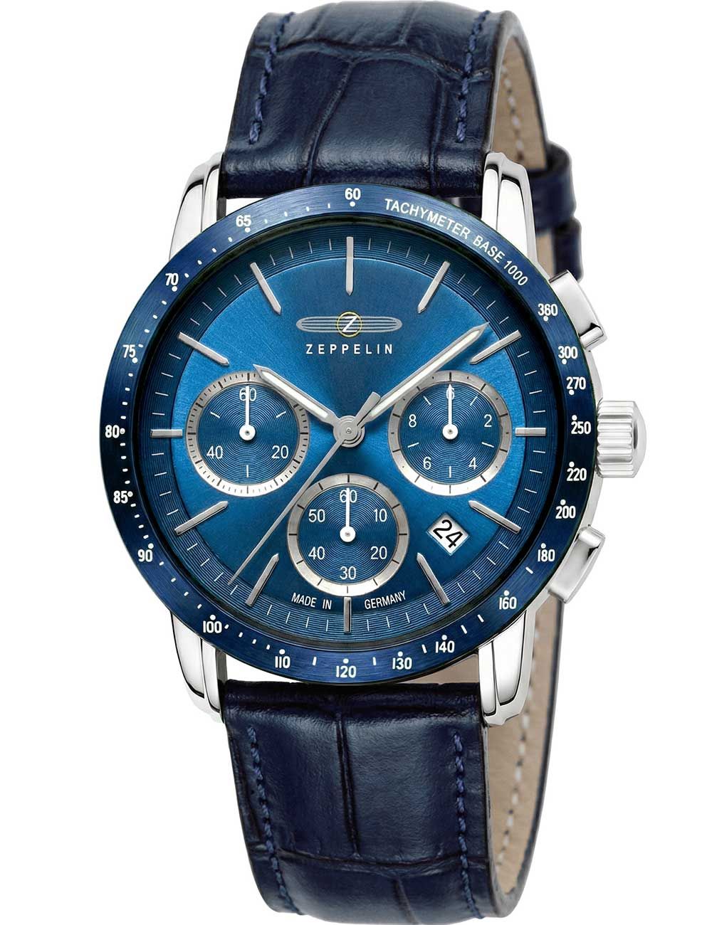 Herrenuhr mit blauem Zifferblatt und Chronograph, Lederarmband, Edelstahlgehäuse