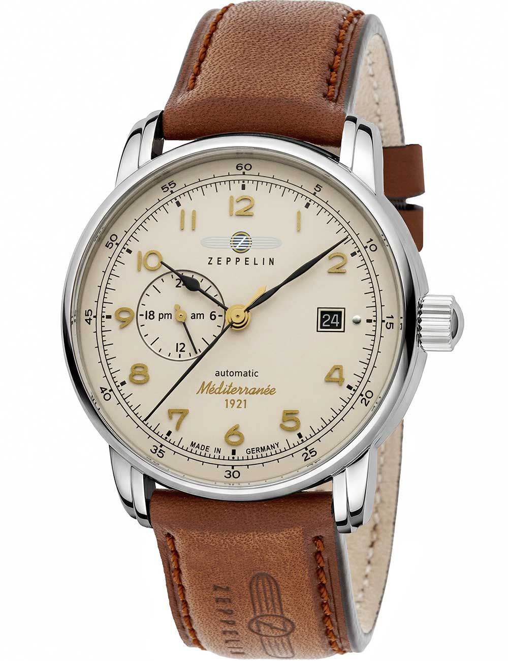 Zeppelin Herrenarmbanduhr mit braunem Lederband, beigem Zifferblatt und Datum