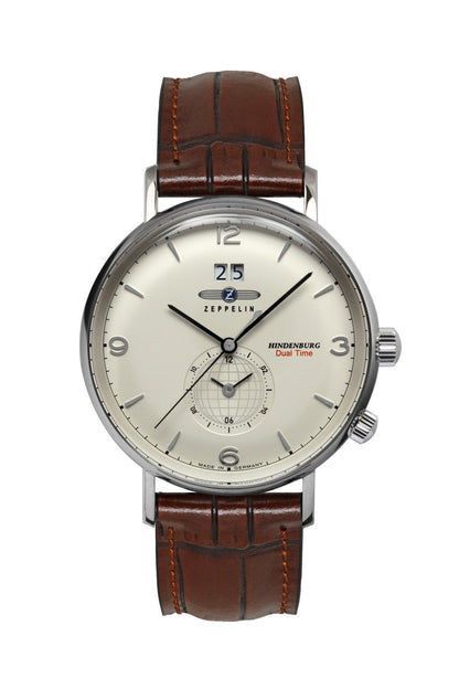 Herrenarmbanduhr mit beigem Zifferblatt, braunem Lederarmband, Analoganzeige und Dual-Time