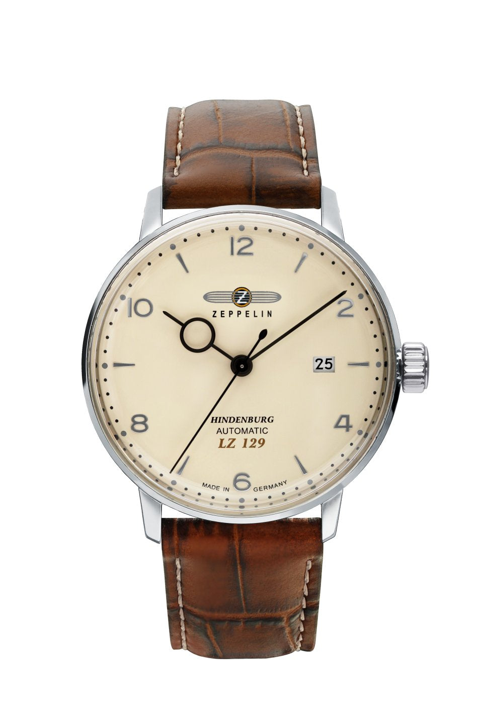 Zeppelin Herrenuhr mit beigem Zifferblatt, braunem Lederband und Datumsanzeige 25.