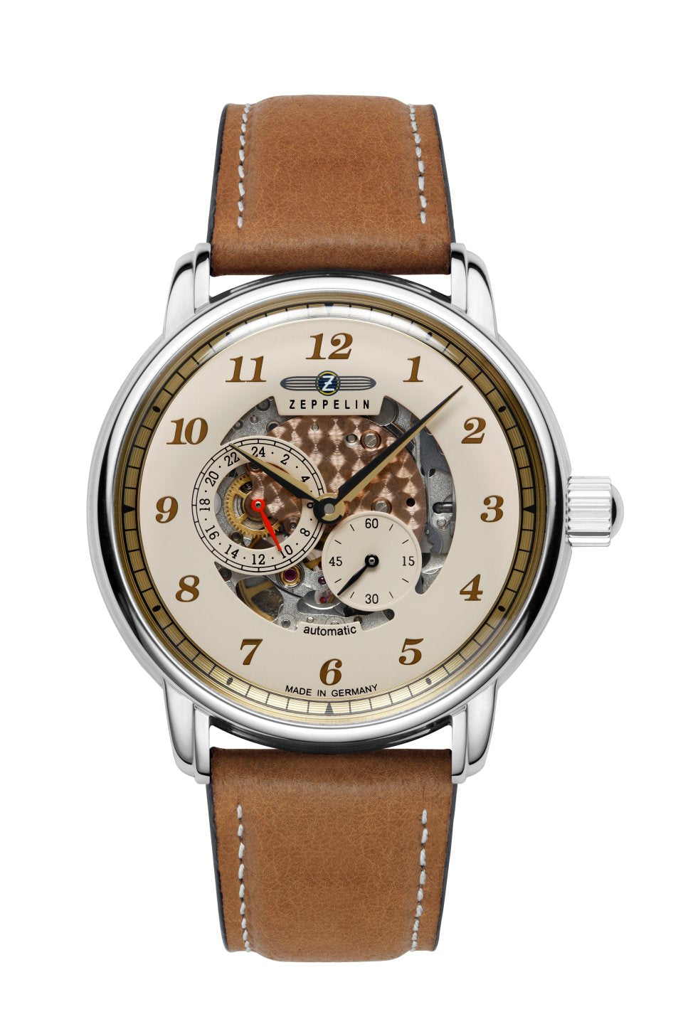 Herren-Automatik-Armbanduhr: rundes Metallgehäuse, beiger Lederriemen, Skelettzifferblatt