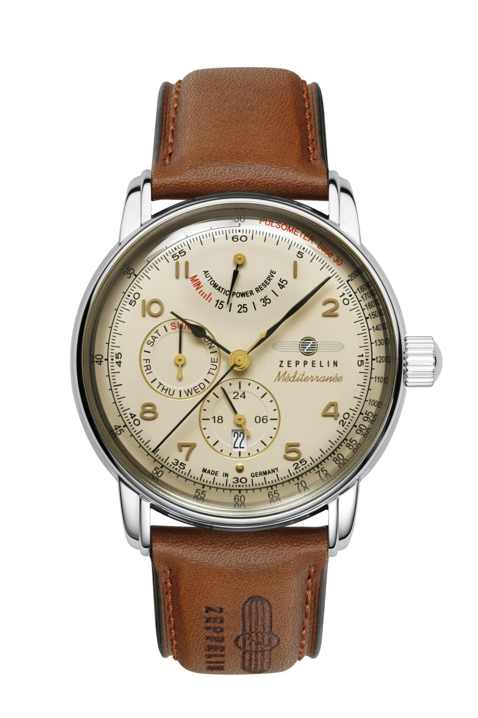 Zeppelin Herrenuhr mit champagnerfarbenem Zifferblatt, braunem Lederband und Datumsfenster