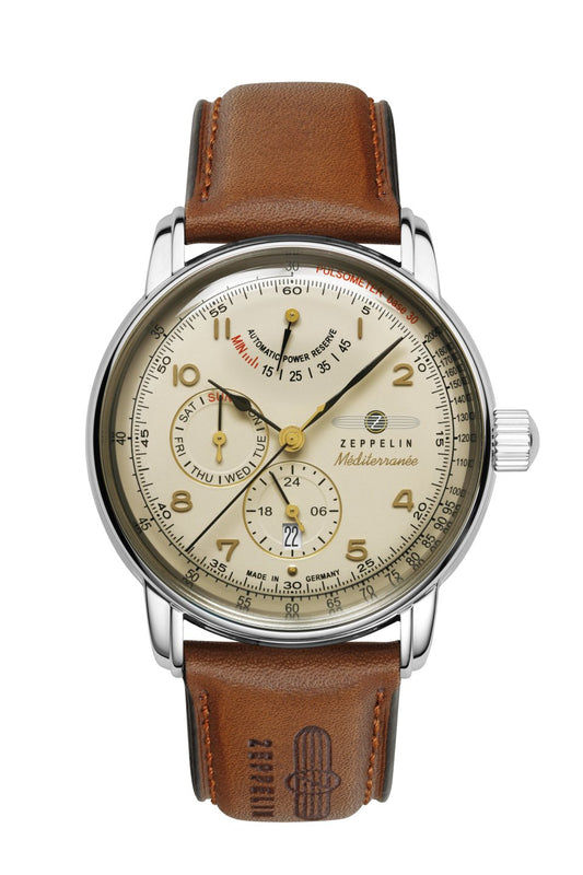 Zeppelin Herrenuhr mit champagnerfarbenem Zifferblatt, braunem Lederband und Datumsfenster