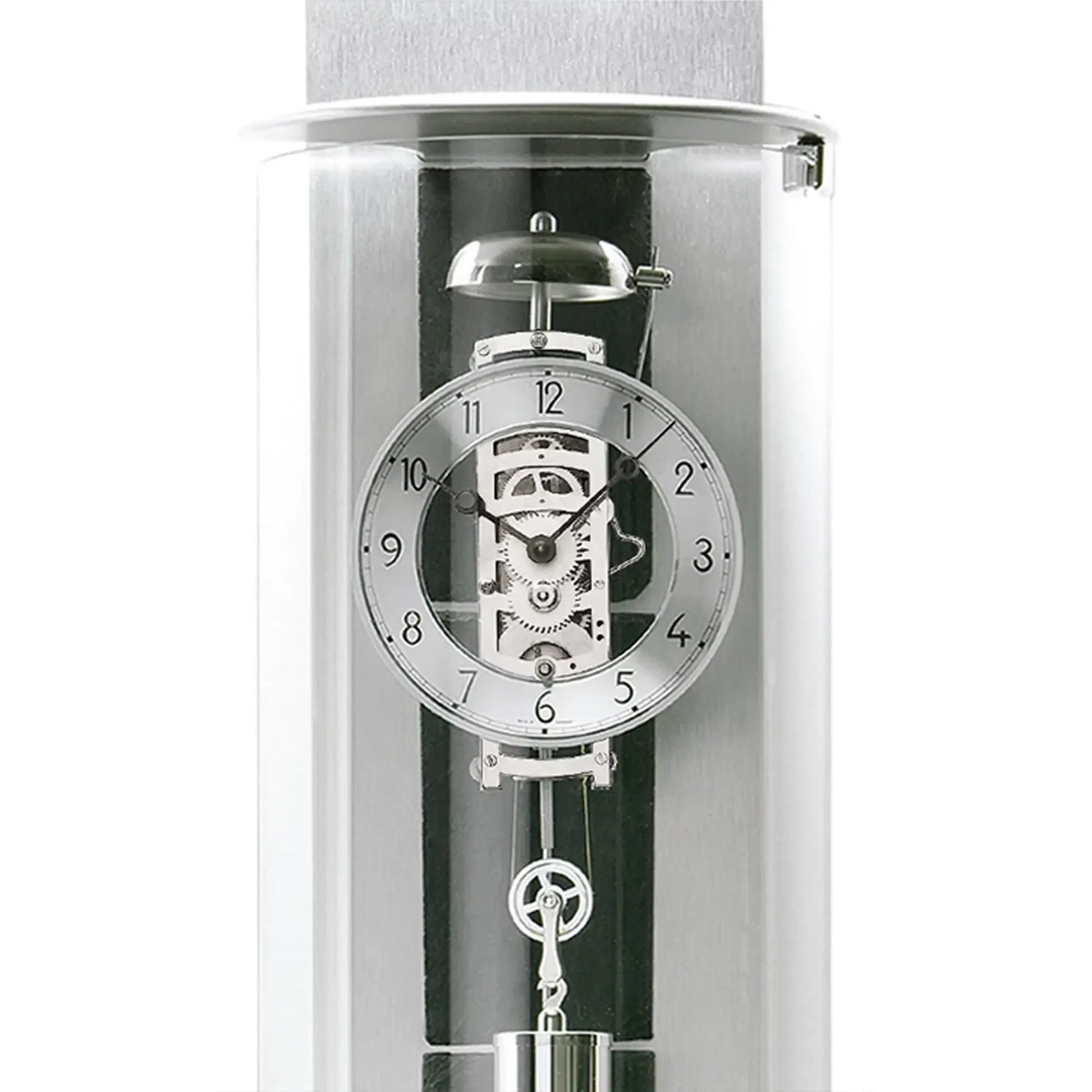 Väggklocka med synligt urverk i en transparent cylinder, urtavla och mekanik