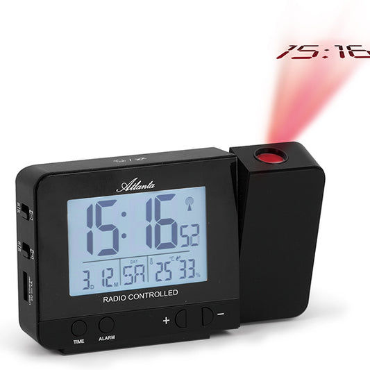 Digital projektionsradio med svart hölje och LCD-klockdisplay