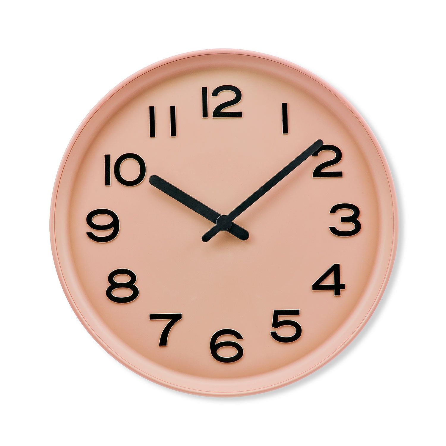 Apricotfarbene Wanduhr mit schwarzem Ziffernblatt und Zeigern, rundes Gehäuse