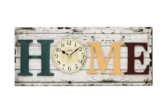 Rektangulär väggklocka med mineralglas, urtavla och träskylt med "HOME"-motiv