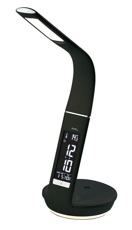 Digital AMS-väckarklocka med display och stativ, svart