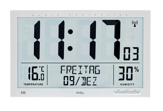 Silverfärgad trådlös väggklocka med digital display, stora siffror, temperatur- och luftfuktighetsvisning, AMS.
