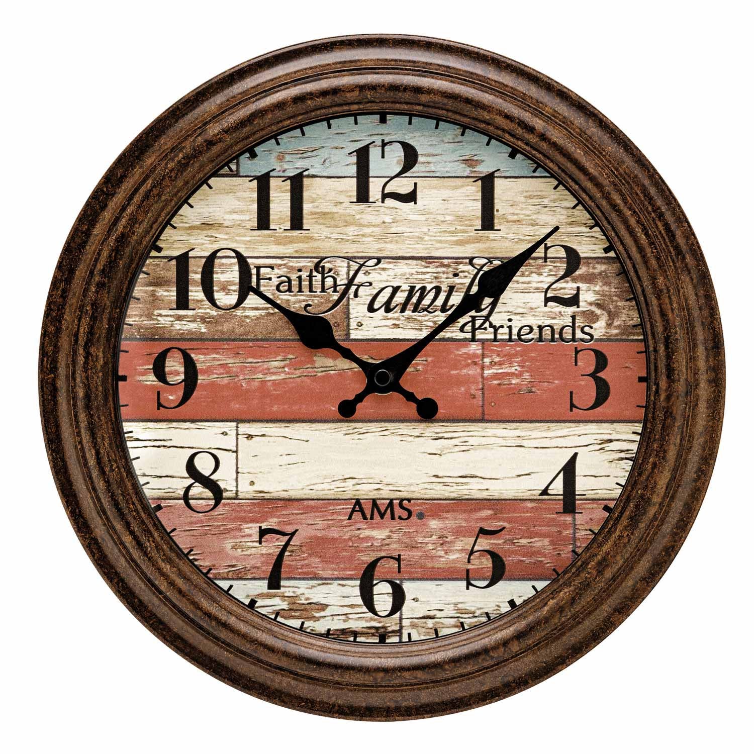 Rund väggklocka med antikbrun ram, romerska siffror, svart urverk, glas.
