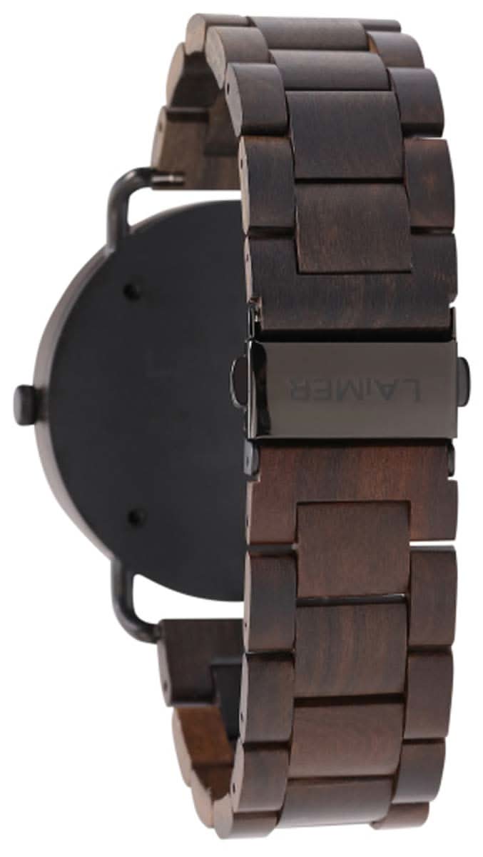 Herrklocka i trä med mörkbrunt träarmband och sidomonterat urverk