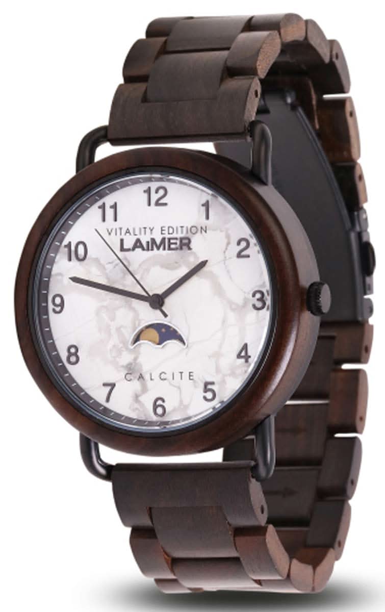 Herrklocka i trä med rund urtavla, träarmband och månfasvisning
