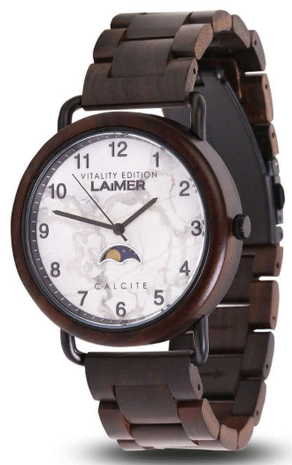 Herrklocka i trä med rund urtavla, träarmband och månfasvisning