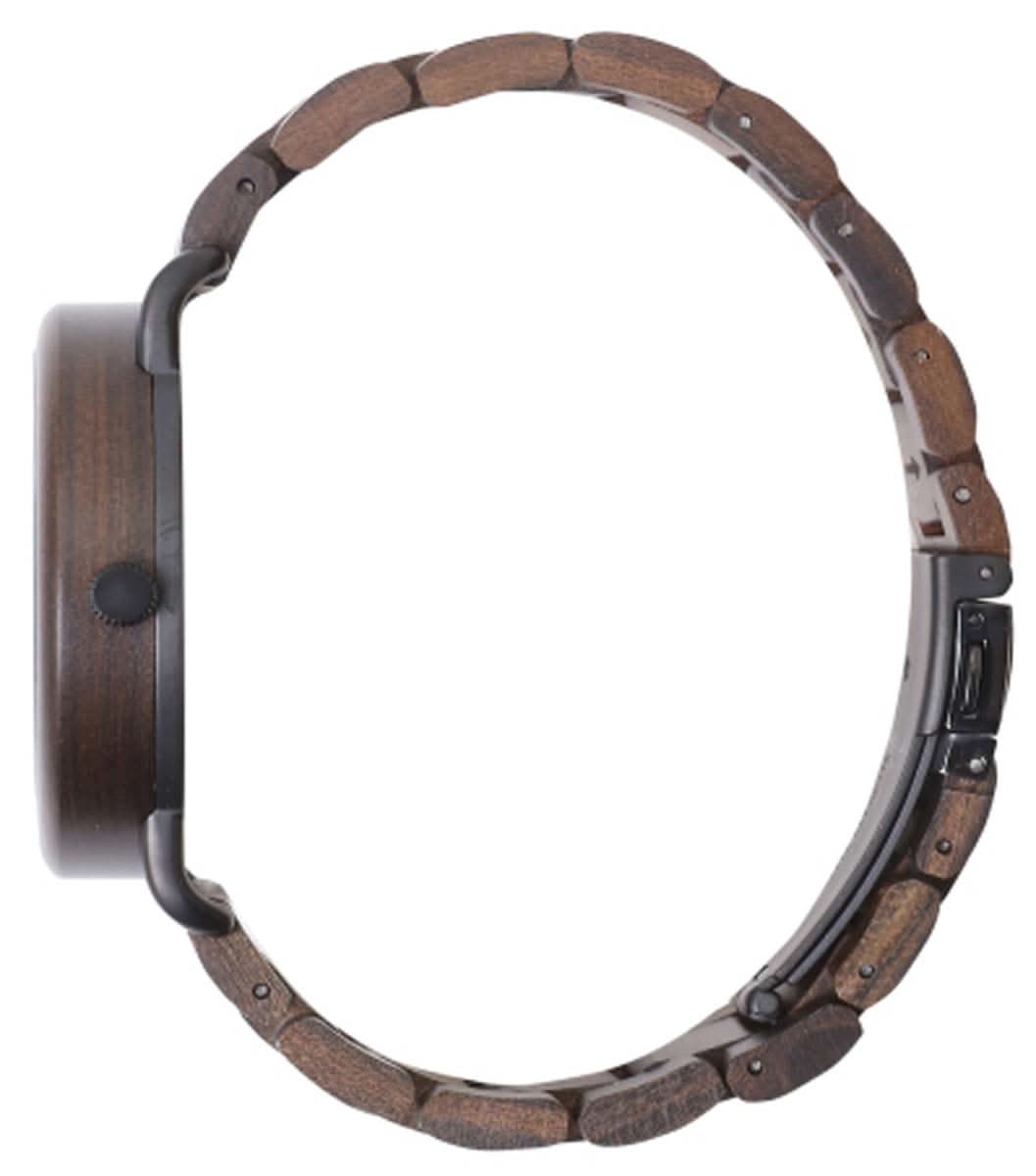 Herrklocka i trä med trähölje och runt armband från baksidan