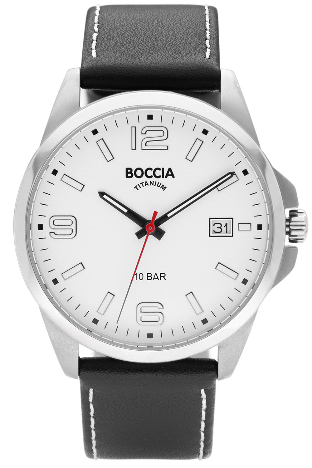 Boccia Titanium Herrenarmbanduhr: schwarzes Lederband, silbernes Gehäuse, weißes Zifferblatt