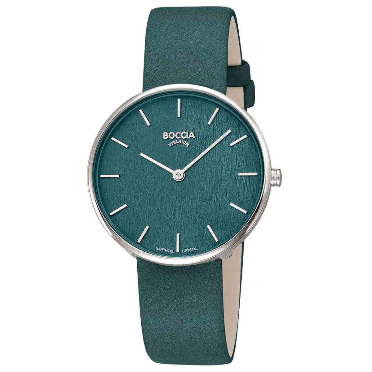 Damen-Armbanduhr BOCCIA mit dunkelgrünem Lederarmband, rundem grünen Zifferblatt und silbernem Gehäuse