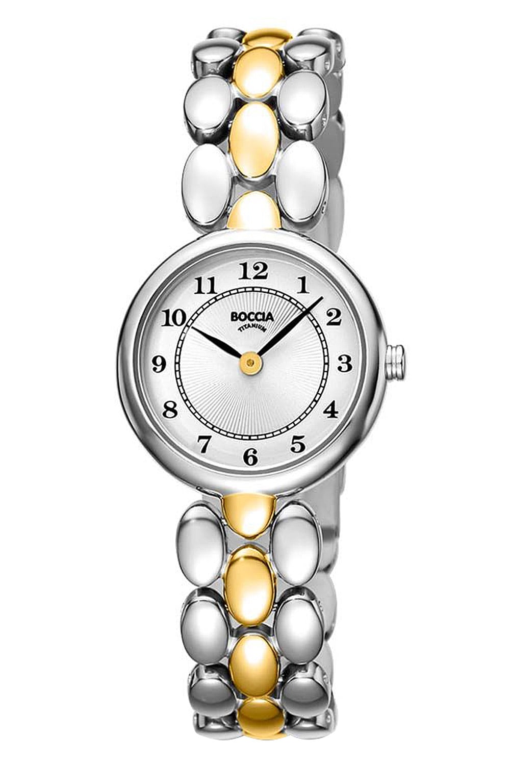 Boccia Damenarmbanduhr mit zweifarbigem Titanband, analogem Zifferblatt und goldenen Akzenten
