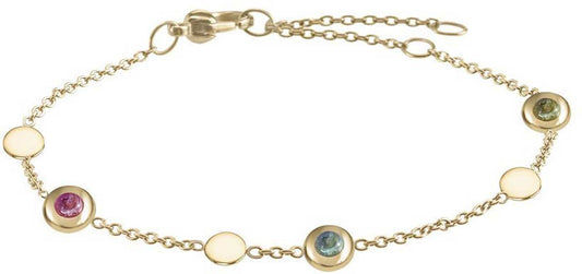 Guldpläterat armband med fem färgglada turmaliner i klossfattningar.