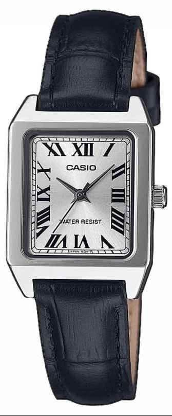 Casio damklocka: rektangulärt hölje i rostfritt stål, mörkblått läderarmband, analog display.
