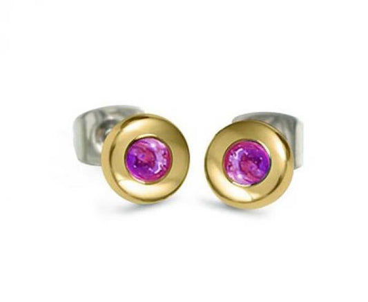 Örhängen med guldfärgade infattningar och två rosa turmalin-cabochoner
