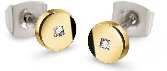 Örhängen i titan med rund guldfärgad design och liten diamant i mitten
