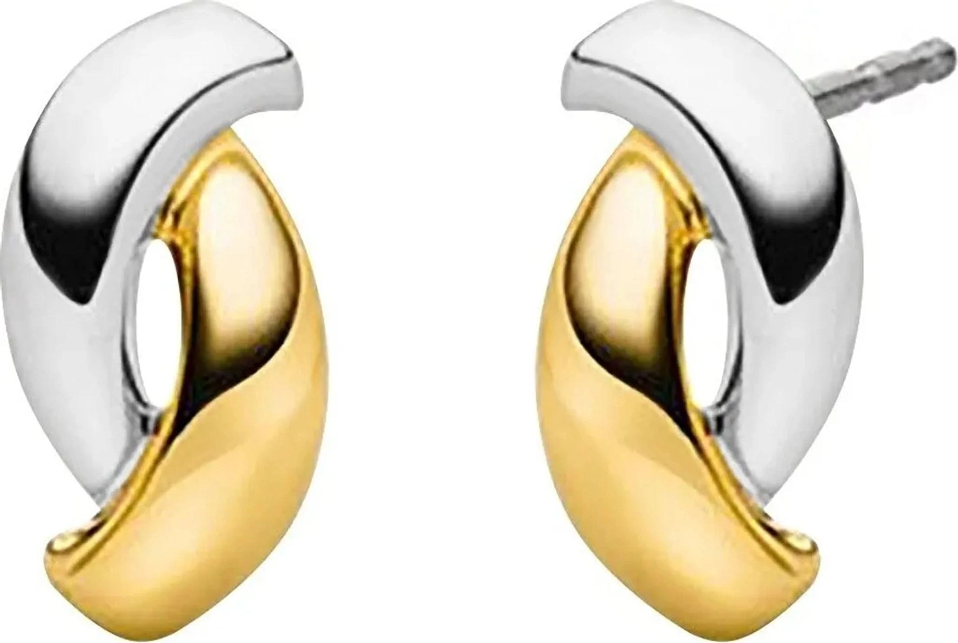 Bicolor titanörhängen, böjd abstrakt form: guld- och silverfärgad