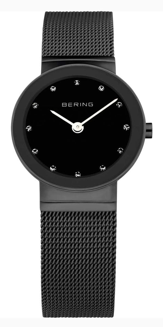 "Bering damklocka med svart Milanese-armband och rund urtavla"