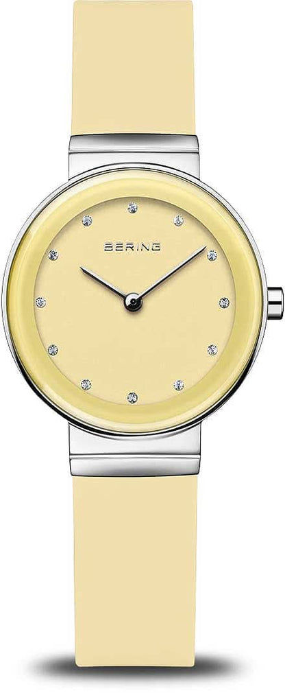 Damklocka med gul urtavla och beige silikonarmband, silverfärgad boettring