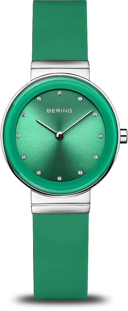 Bering Damklocka: grön urtavla, runda visare och grönt armband