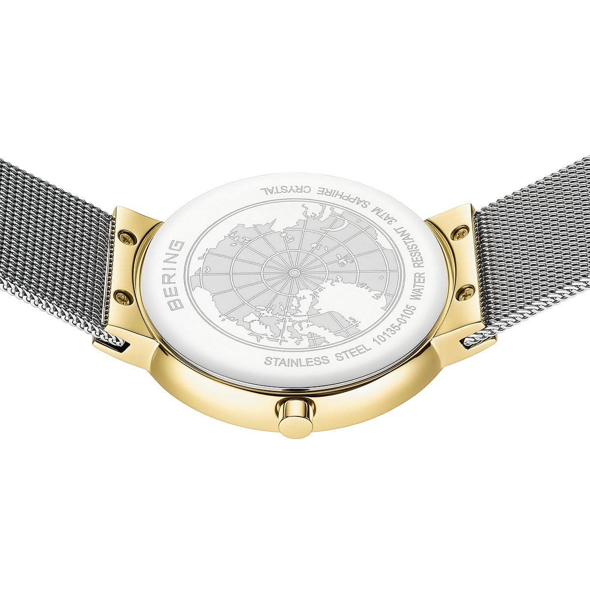Damklocka med gravyr på baksidan och Milanese-armband i rostfritt stål, guldfärgad boettkant