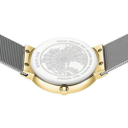 Damklocka med gravyr på baksidan och Milanese-armband i rostfritt stål, guldfärgad boettkant