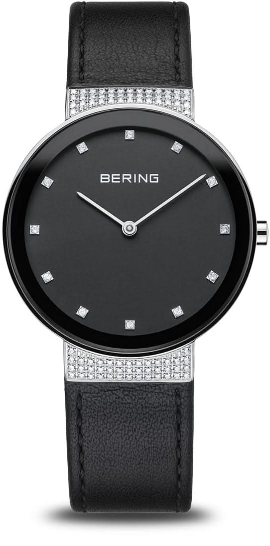 Bering damklocka med svart urtavla och svart läderarmband