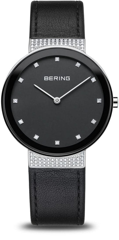 Bering damklocka med svart urtavla och svart läderarmband