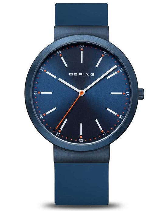 Bering Herrenarmbanduhr mit blauem Zifferblatt und blauem Silikonarmband