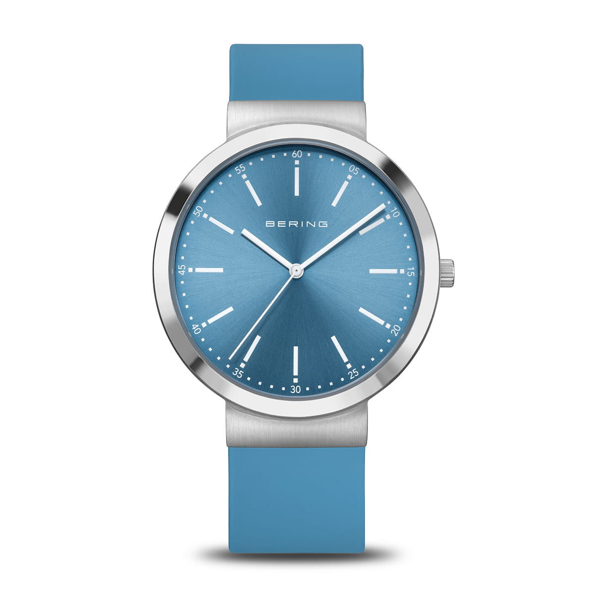 Bering Damenuhr mit blauem Silikonarmband, rundem blauem Zifferblatt und Edelstahlgehäuse