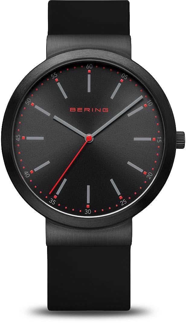 Bering-armbandsur: svart urtavla med röda detaljer, svart silikonarmband