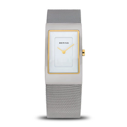 Damenarmbanduhr mit Milanaise-Armband und Saphirglas, silberfarbenem Gehäuse