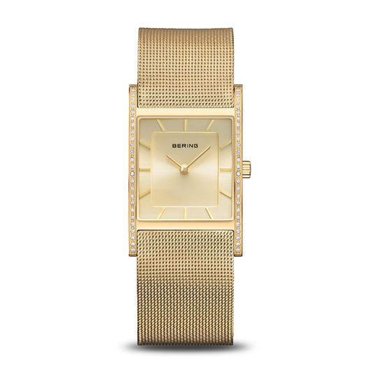 Damenuhr mit rechteckigem, goldfarbenem Gehäuse, hellem Zifferblatt und Milanaise-Armband