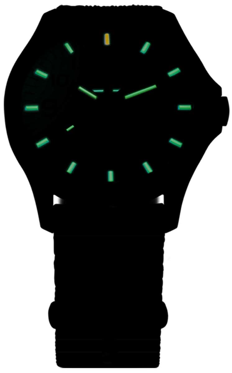 Armbandsur för herrar med mörk urtavla, lysande gröna index och svart textilarmband