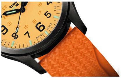 Armbandsur för män Detalj: orangefärgat, texturerat gummiarmband och svart boett