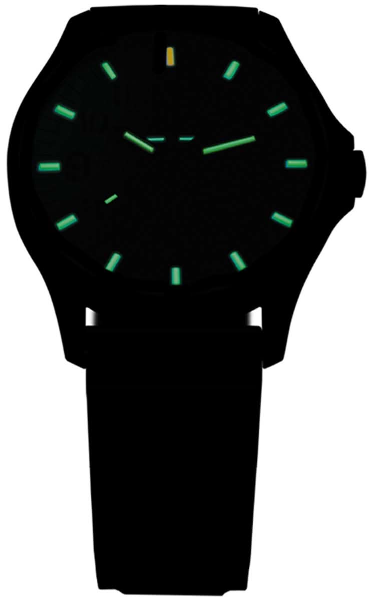 Armbandsur för herrar med mörk urtavla och grönt lysande timmarkeringar.