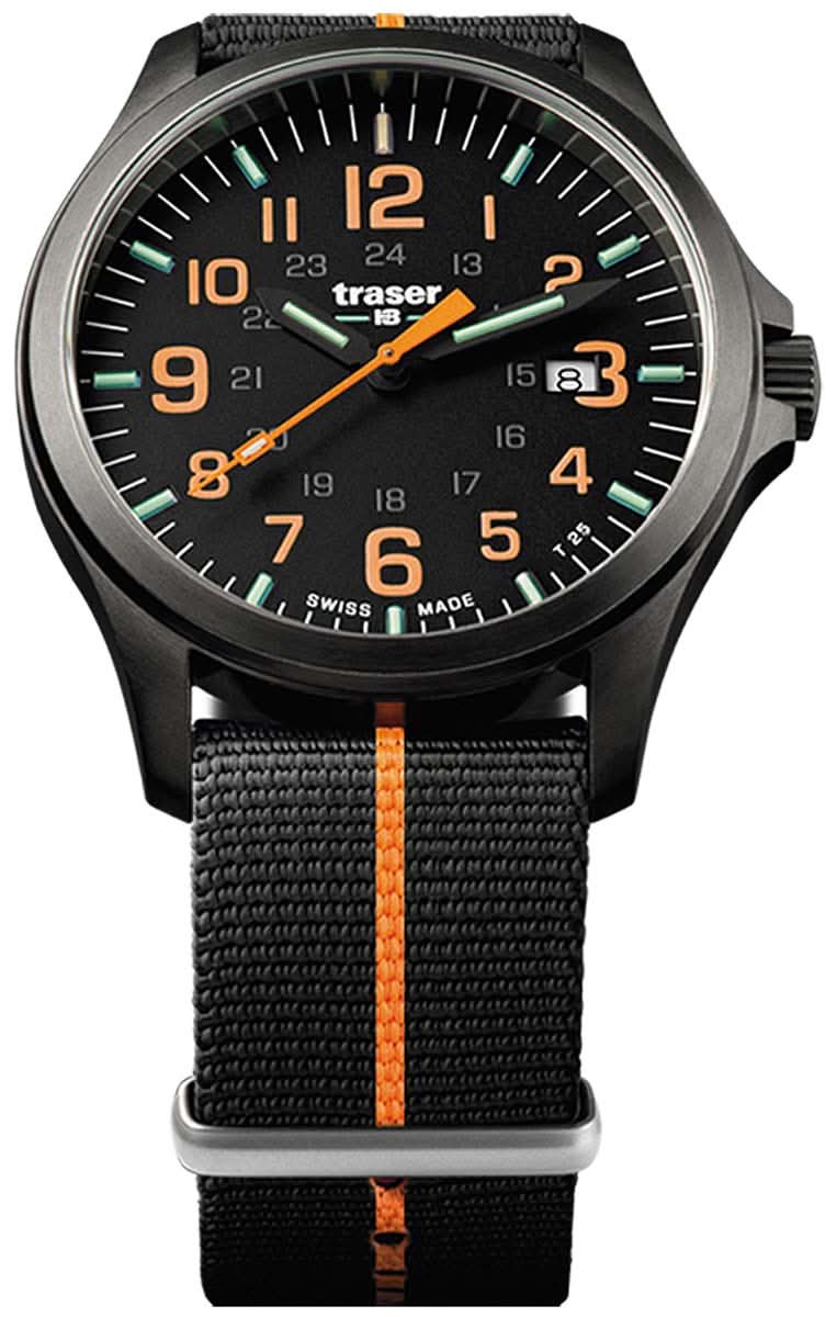 Herrklocka: svart urtavla, orangea visare, svart textilarmband med orange mittsöm