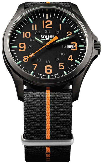 Herrklocka: svart urtavla, orangea visare, svart textilarmband med orange mittsöm